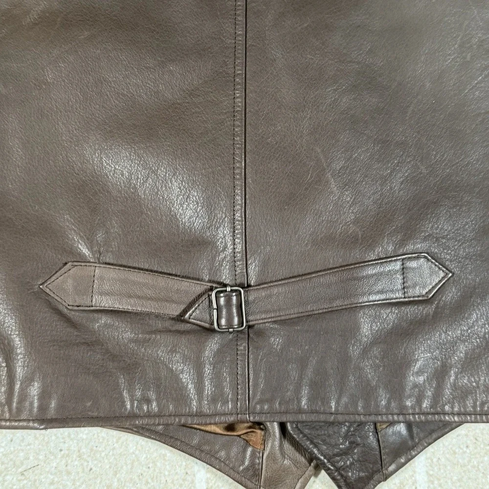 Vtg Banana Republic Brown Leather Hunting Vest Animal Buttons Sz L Buckle Back